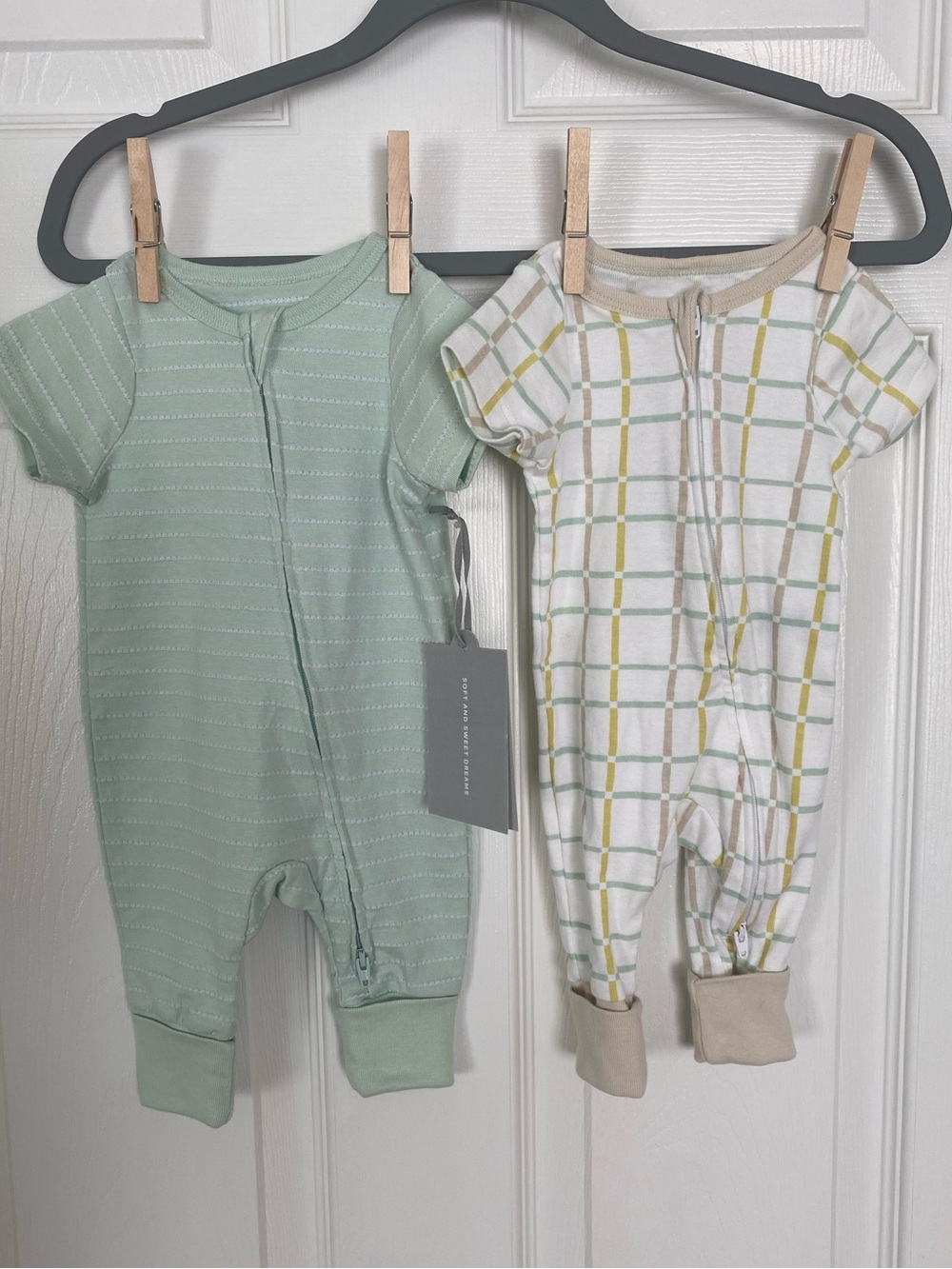 Kids One-Piece Zip Rompers in Mint Green and Cream Plaid